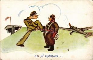'Aki jól táplálkozik...' katonai humoros képeslap, katonai repülő / WWI Hungarian military humour, aircraft (EK)