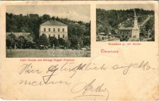 1900 Oravicabánya, Oravica, Oravicza, Oravita; Caffe Nowak, Rumänisch gr. ort. Kirche / Nowák kávéház, Községi polgári fiúiskola, Román ortodox templom / café, boys' school, Romanian Orthodox church (EB)
