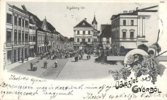 1899 Győr Széchenyi tér zászlós felvonulással litho
