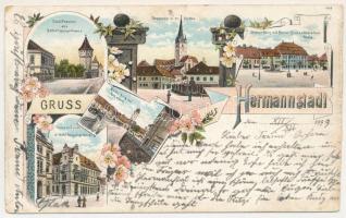 1899 Nagyszeben, Hermannstadt, Sibiu; Stadttheater, alte Befestigungsthürme, Saggasse u. ev. Kirche, Grosser Ring mit Baron Brukenthal'schem Palais, Corpscommando u. Hotel Römischer Kaiser, Kleiner Ring mit Ratsturm / Városi színház, erődítmény tornyok, Zsák utca az Evangélikus templommal, Báró Brukenthal-féle palota, Nagy piac, Kis piac, városháza tornya, Hadtestparancsnokság, Római császár szálloda / theatre, towers, street view with Lutheran church, palace, market, town hall's tower, K.u.K. army headquarters, hotel. Georg Meyer Art Nouveau, floral, litho (vágott / cut)