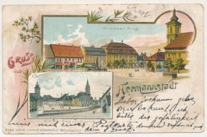 1902 Nagyszeben, Hermannstadt, Sibiu; Grosser Ring, Kleiner Ring vor 50 Jahre / Nagy piac, Kis piac 50 évvel ezelőtt. F. Binder kiadása / market square, small market square 50 years ago. Art Nouveau, floral, litho (fa)