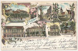 1899 Detta, Ghedu, Deta; Fő utca, Régi római katolikus templom, Braumüller palota, Jáger Péter sírbolt, Millenniumi csarnok a parkban. Schwidernoch Károly műintézete / main street, old Catholic church, tenement palace, crypt, Hungarian Millennium pavilion in the park. Art Nouveau, floral, litho