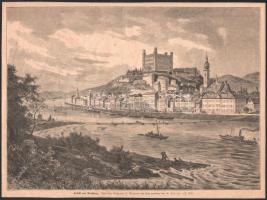cca 1870 Pozsony (Felvidék) városa a dunai pontonhíddal, E. Stieler fametszete, jó állapotban, 24×32 cm