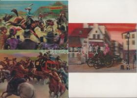 5 db MODERN 3 dimenziós képeslap: lovaskocsik, autó / 5 modern 3D art postcards: horse-carts, automobile