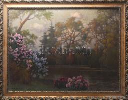 Tordai Székely Mihály (1890-1940): Virágos park. Olaj, vászon, jelzett. Dekoratív fakeretben, 60x80 cm