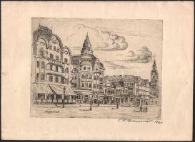 1940 Kremmer jelzéssel: Nagyvárad (Erdély), Fekete Sas Szálloda, rézkarc, papír, jelzett, 18×23,5 cm