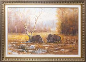 Sztojka Roland (-): Vaddisznók. Olaj, vászon, jelzett. Dekoratív fakeretben, 50x75 cm