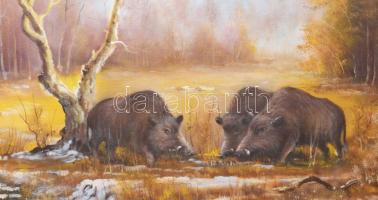 Sztojka Roland (-): Vaddisznók. Olaj, vászon, jelzett. Dekoratív fakeretben, 50x75 cm