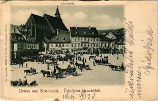 1901 Brassó, Kronstadt, Brasov; Piactér, Albina, J. L. &amp; A. Hesshaimer, Heinrich Wagner, Wilhelm Scherg és Társa üzlete. Julius Müller utóda kiadása / Marktplatz / market, bank, shops (kis szakadások / small tears)