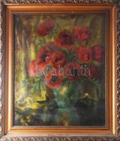 Olvashatatlan jelzéssel: Csendélet. Olaj, vászon. Kisebb felületi sérülésekkel (festék lepergésekkel). Dekoratív, kissé sérült fakeretben, 71x60 cm.