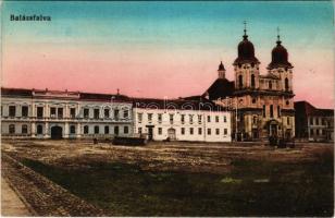 Balázsfalva, Blasendorf, Blaj; tér, templom. Vasúti levelezőlapárusítás 1275. / square, church