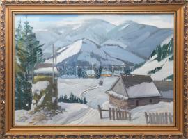 Márton Béla (1913-2007): Havas táj. Olaj, vászon, jelezve balra lent, hátoldalán Zichy Mihály Alkotóközösség raglapjával, dekoratív fakeretben, 50×70 cm