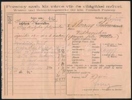 1918 Pozsony (Felvidék) szab. kir. város víz és világítási művei kitöltött számla, jó állapotban, 17×23 cm