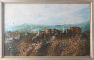 N. Karl jelzéssel: Szarvasok párbaja. Olaj, fa, fakeretben, 31×50 cm