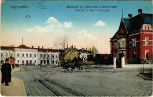 1915 Nagyszeben, Hermannstadt, Sibiu; Állomás tér és villamosmű a pályaudvarral, vasútállomás. Vasúti levelezőlapárusítás 6. sz. 1915. / Bahnhof u. Elektrizitätswerk / railway station, square, electric power plant, power station (kopott sarkak / worn corners)