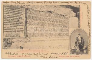 1903 Ada Kaleh (Orsova), török emléktábla Ada-Kaleh szigetén, Bego Musztafa vízipipával / Türkische Gedenktafel auf der Insel, Bego Mustafa. Verlag von Hairy u. Ahmed / Turkish memorial plaque and Bego Mustafa bey with hookah