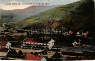 Parajd, Praid; sómalom a Szovátafürdőre menő úttal. Raáb Lajos kiadása / salt mill, factory (vágott / cut)