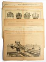 cca 1880 A Magyar Lexikon illusztrációi (budapesti épületek, uralkodói koronák, pecsétek, pénzek, címerek, stb.), 20 db tábla (részben színes), Bp., Rautmann Frigyes, változó állapotban, 20x28 cm