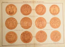 cca 1880 A Magyar Lexikon illusztrációi (budapesti épületek, uralkodói koronák, pecsétek, pénzek, cí...