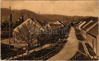 1913 Nagydisznód, Heltau, Cisnadie; Bahngasse mit Fabriksgebäuden / Vasút utca gyárépületekkel, szőnyeggyár, képeslapfüzetből. Photogr. E. Fischer. Lichtdruck v. Jos. Drotleff / street view with factory buildings, carpet factory, from a postcard booklet (EK)