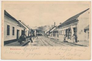 1905 Resicabánya, Resicza, Recita, Resita; utca, üzlet, gyár a távolban. Ifj. Neff Károly kiadása / street view, shops, factory in the distance (EB)