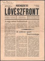 1934 A Nemzeti Lövészfront II. évfolyamának 8. száma Tettey Emil TF főiskolai tanárnak elküldve az által írt cikk miatt, hajtva, jó állapotban, 4p