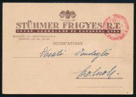 1946 A budapesti Stühmer Frigyes Rt. édességgyár kétlapos, válasz-levelezőlapos nyomtatványa arról, hogy a háború után ismét meg tudják kezdeni a vidéki rendelések teljesítését, postán elküldve, szép állapotban