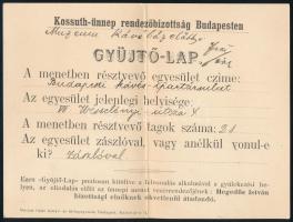 1902 A budapesti Kossuth-ünnep Rendezőbizottsága által kitöltött gyűjtőlap a menetben résztvevő kávés ipartársulat részére, hajtott, de jó állapotban