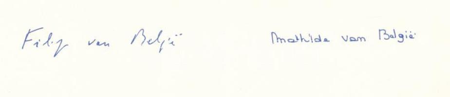 Fülöp belga király (1960- ) és Matild belga királyné (1973- ) által aláírt köszönő kártya / Autograph signature of Philippe (Filip) of Belgium (1960- ) and Queen Mathilde of Belgium (1973- )