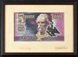 1956 Légrády Sándor Hunyadi János bélyegterve, színes, kézzel festett, a tervező aláírásával, üvegezett keretben (képméret: 20 x 12 cm)