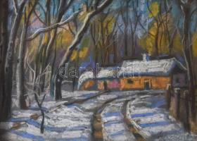 Józsa János (1936-2016): Téli táj házakkal. Pasztell, papír, jelzett. Dekoratív, üvegezett fakeretben. 16×22 cm