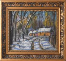 Józsa János (1936-2016): Téli táj házakkal. Pasztell, papír, jelzett. Dekoratív, üvegezett fakeretbe...