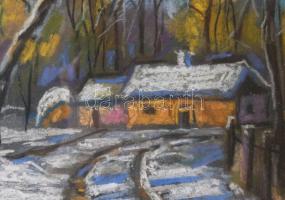 Józsa János (1936-2016): Téli táj házakkal. Pasztell, papír, jelzett. Dekoratív, üvegezett fakeretbe...