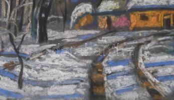 Józsa János (1936-2016): Téli táj házakkal. Pasztell, papír, jelzett. Dekoratív, üvegezett fakeretbe...