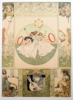 Heinrich Lefler (1863-1919): Szecessziós illusztrációk, litográfia, papír, modern képkeretben, látható: 29,5x21,5 cm, külső méret: 42x32 cm