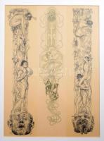 Heinrich Lefler (1863-1919): Szecessziós illusztrációk, litográfia, papír, modern képkeretben, látható: 29,5x21,5 cm, külső méret: 42x32 cm