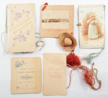 cca 1900 Báli táncrendek, 5 db, közte sérült, hiányos, az egyiken mini szalmakalappal