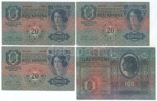 Vegyes, 8db-os korona bankjegy tétel, benne 1912. 100K felülbélyegzés nélkül + 1913. 20K (3x) + 1914...