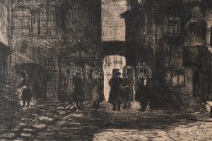 Élesdy István (1912-1987): Élet az udvaron. Rézkarc, papír, jelzett. Paszpartuban. 28,5x47 cm