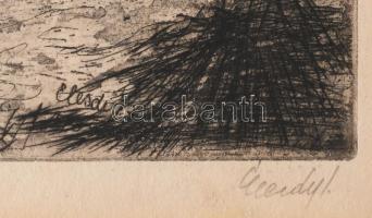 Élesdy István (1912-1987): Élet az udvaron. Rézkarc, papír, jelzett. Paszpartuban. 28,5x47 cm