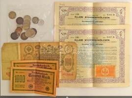 Vegyes tétel, benne: 1941. "Államadóssági nyereménykölcsön" 1/4 részkötvény (2db) + Németország 1922. 1000M (2db) egyugrásos sorszámkövető + Orosz Birodalom 1912. 100R + 1918. 10k + régi "Herend" tasak + 28db külföldi érme, közte Montenegró 1906. 10p Cu-Ni, illetve 8db 1922-1931 közti csehszlovák T:vegyes