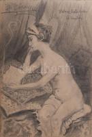 B Bóday Imre (XX. sz. eleje): Vázlatkönyv női aktokkal, I. világháborús helyszínrajzokkal stb., össz. kb. 35 db rajzzal. Ceruza, papír, részben jelzett. Korabeli, szétnyílt kötésű, kissé foltos vászonborítású vázlatkönyvben. 147,5x21 cm