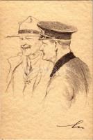 Egyedi, kézzel rajzolt cserkész művészlap, valószínűleg a gödöllői Jamboree idején készült, Lord Baden-Powell / hand-drawn boy scout art postcard, Lord Baden-Powell