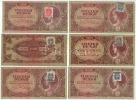 1945. 10.000P (6db) mind MNB dézsmabélyeggel, benne fejjel lefelé ragasztott bélyeg (2db), dézsmabélyeg ívszéllel (2db), az 1000P címletre való vörös dézsmabélyeggel, illetve hátoldalra ragasztott dézsmabélyeggel T:F közte szép papír Adamo P23