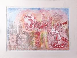 Botrágyi Károly (-): Álom invázió! Vegyes technika, nyomat, papír. Jelzett. Sérült. Paszpartuban. 44x64 cm