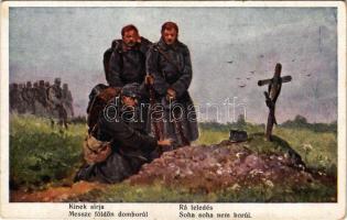 'Kinek sírja messze földön domború, rá feledés soha soha nem borúl'. Első világháborús magyar katonai művészlap. A. F. W. III/2. Nr. 635. / WWI Austro-Hungarian K.u.k. military art postcard, funeral (EK)