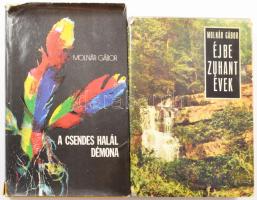 Molnár Gábor 2 dedikált kötete: Éjbe zuhant évek.; A csendes halál démona. Bp., 1973-1977, Szépirodalmi Könyvkiadó. Kiadói egészvászon-kötés / műbőr-kötés, kissé sérült kiadói papír védőborítóban. Mindkét kötet a szerző, Molnár Gábor (1908-1980) vadász- és útleírás-író, regényíró által dedikált.
