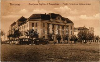 1928 Temesvár, Timisoara; Posta- és távirda-igazgatóság, villamos. Moravetz kiadása / Directiunea Postelor si Telegrafelor / post palace, tram
