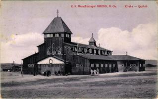 1915 Gmünd, K. k. Barackenlager, Kirche / K.u.K. military barrack and refugee camp, Greek Catholic wooden church, soldiers (worn corners)
