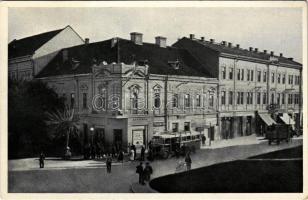 Munkács, Mukacheve, Mukacevo; Hotel Cilag a Rákoczyho ulice / Csillag szálloda, Rákóczi út, autóbusz, lovaskocsi, üzletek / hotel, street, autobus, horse-drawn carriage, shops